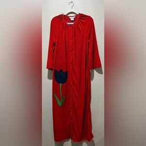 70s Models Coat Tulip Pocket Robe House Coat Sz 16 Red  Button-Up Robe Vintage